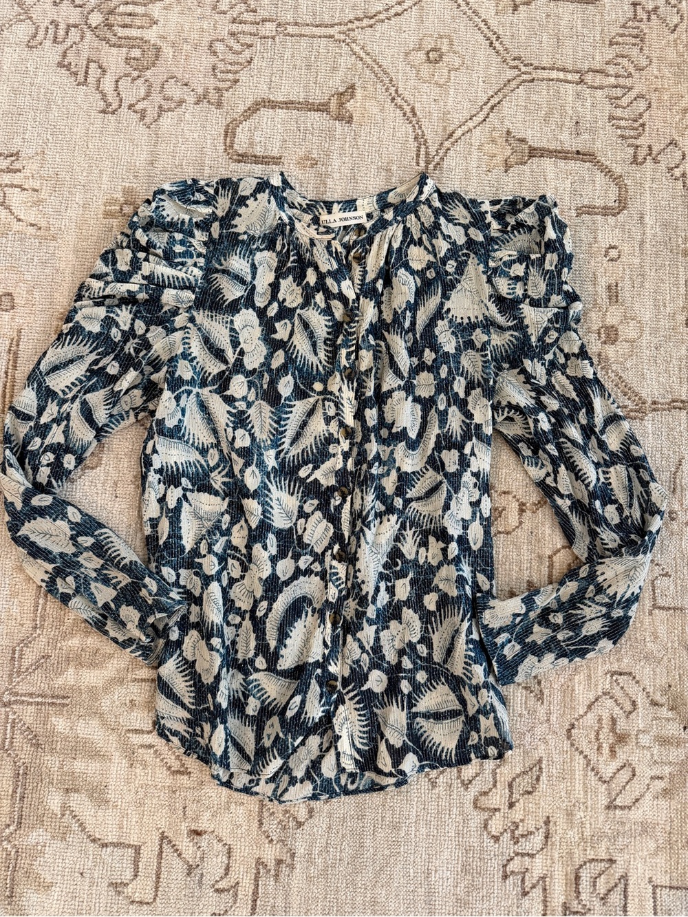 Ulla Johnson Navy and White Botanical Print Long-Sleeve Blouse